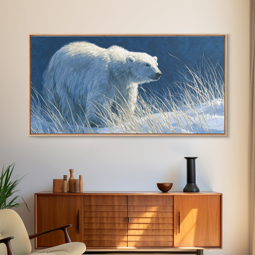Polar Bear Crossing Blue Ice Framed Canvas Print, Wildlife Art, Contemporary Art, Living Room Decor, Wild, Wall Art Print, WIL-2x1-83