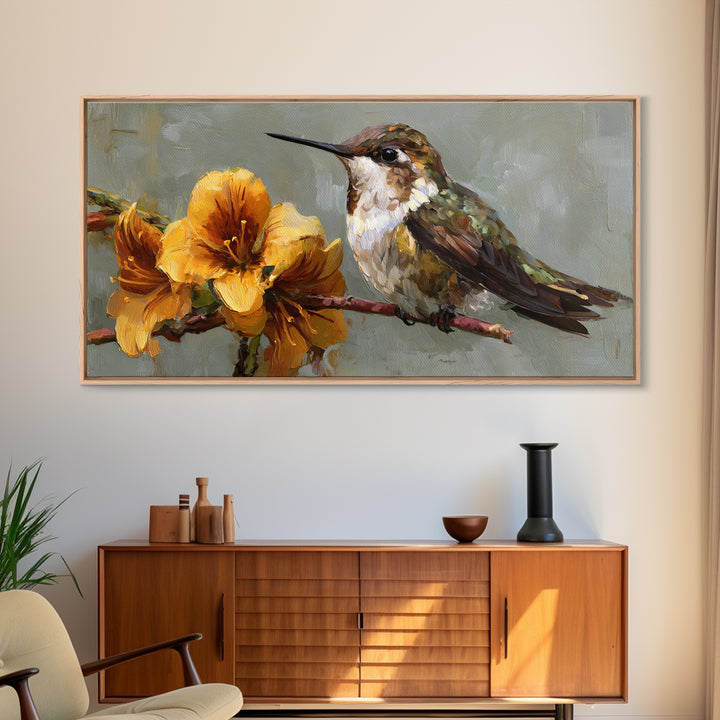 Hummingbird Beside Bright Flowers Framed Canvas Print, Wildlife Art, Bird Art, Living Room Decor, Watercolor Art, Wild, WIL-2x1-84