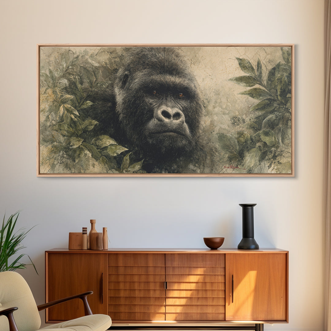 Gorilla Portrait with Powerful Gaze Framed Canvas Print, Wildlife Art, Canvas Wall Art, Living Room Decor, Fine Art, Wild, WIL-2x1-85