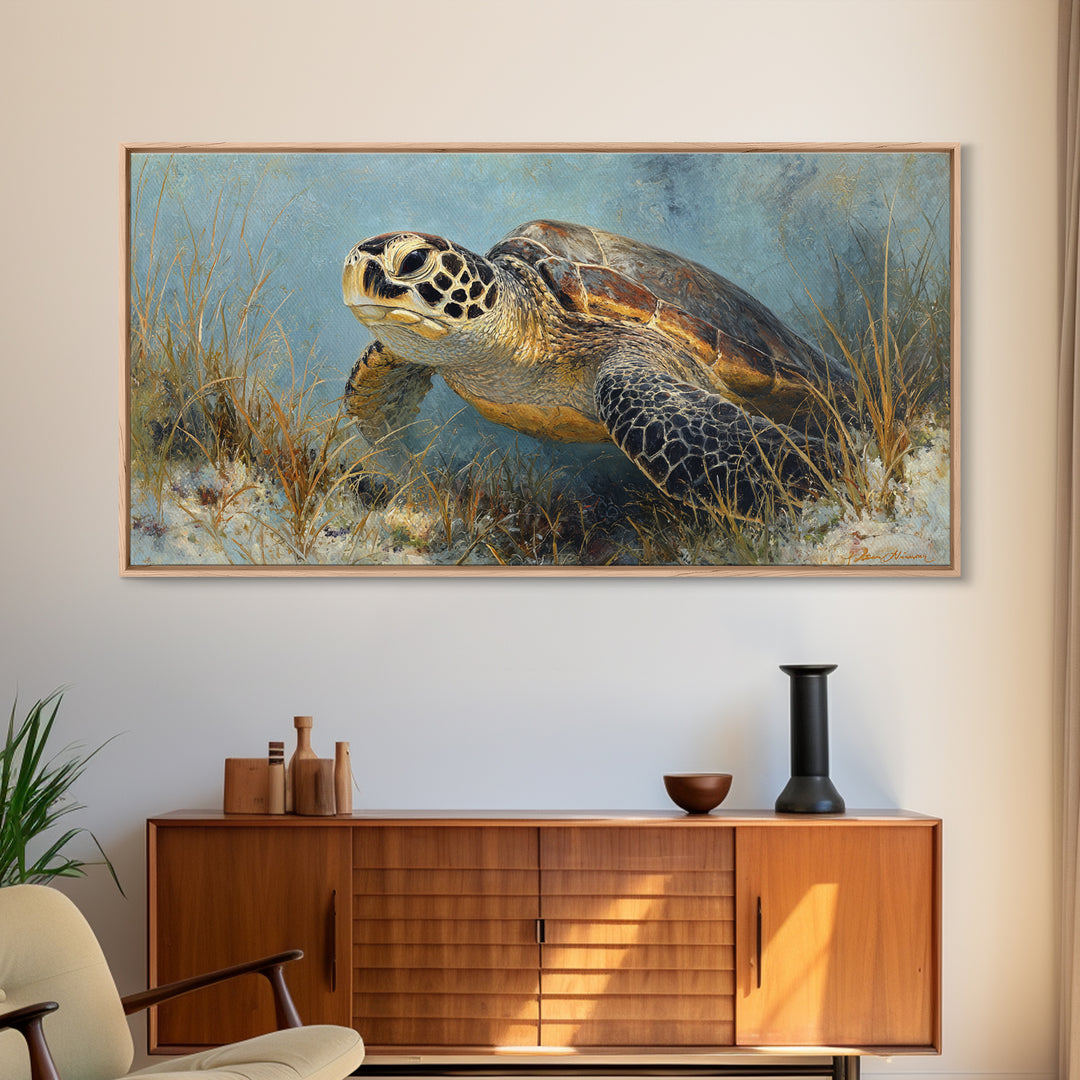 Sea Turtle over Coral Reef Framed Canvas Print, Wildlife Art, Home Decor, Living Room Decor, Fine Art, Wild, Boho Wall Decor, WIL-2x1-86