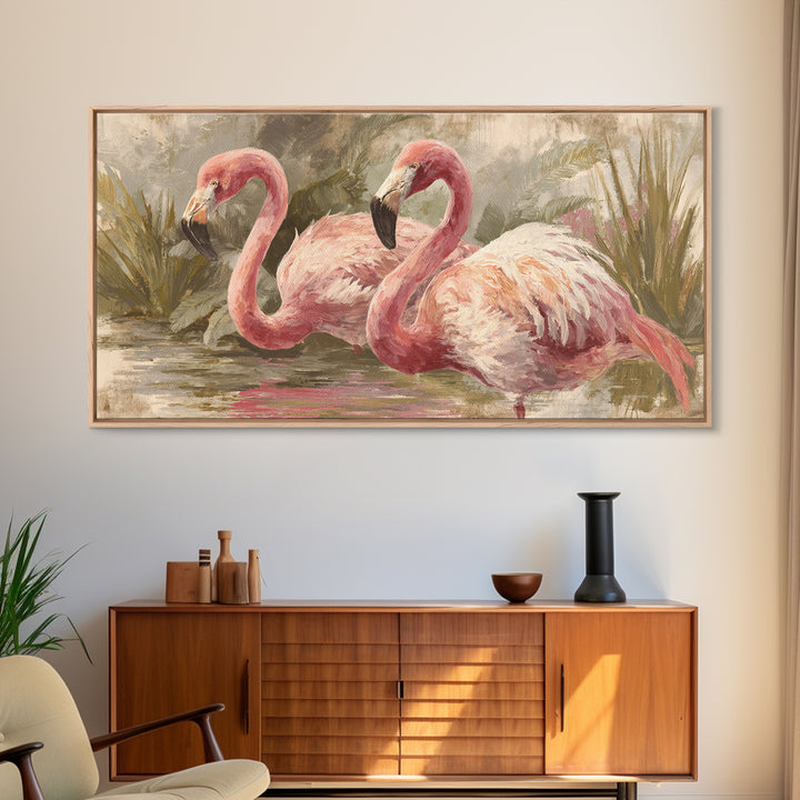 Flamingos in Pink Shallow Water Framed Canvas Print, Wildlife Art, Art, Living Room Decor, Oil Painting, Wild, WIL-2x1-90