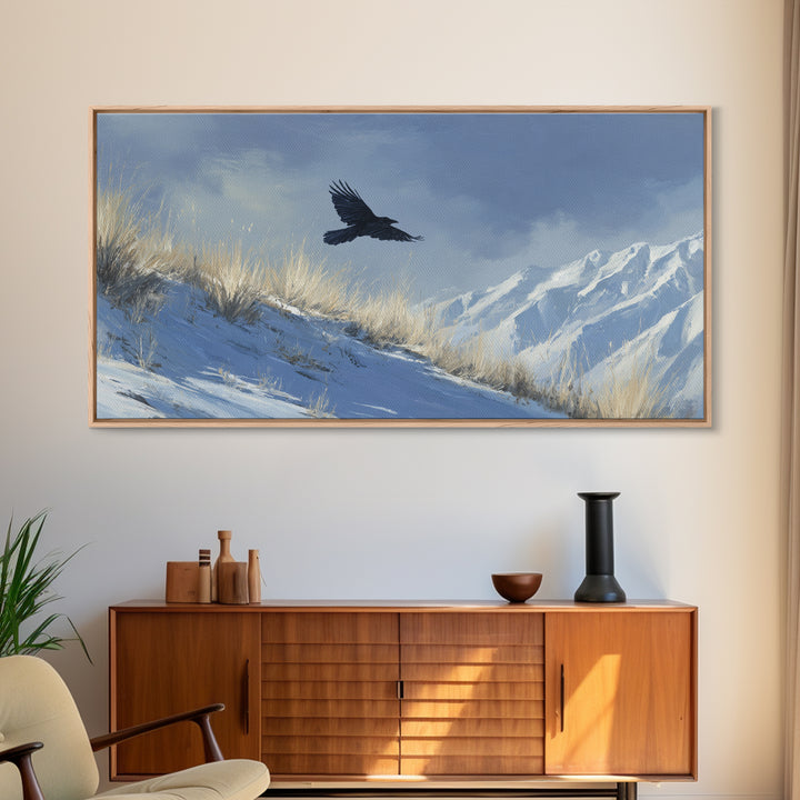 Raven Flying Through Snowy Mountains Framed Canvas Print, Wildlife Art, Boho Wall Decor, Living Room Decor, Fine Art, Wild, WIL-2x1-92