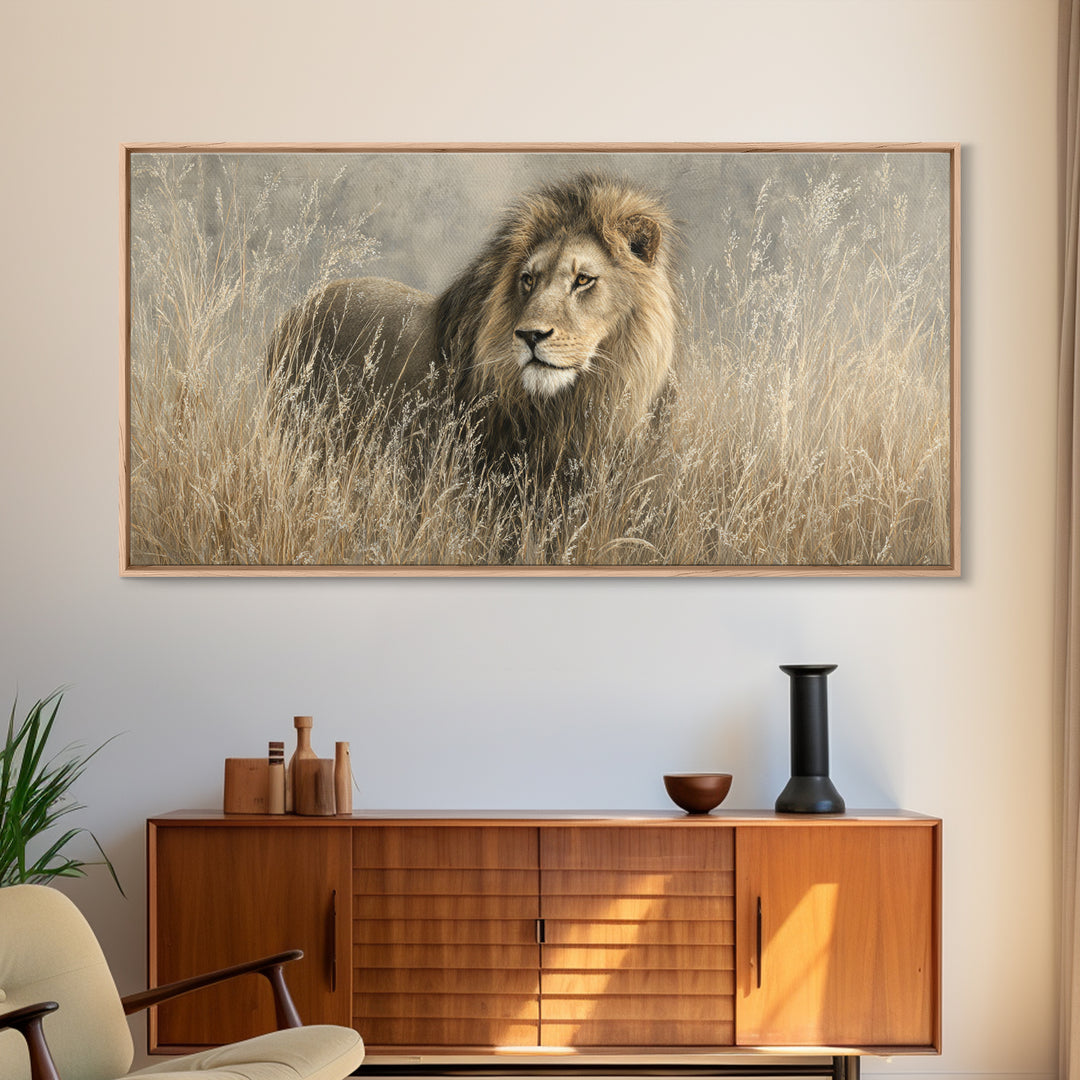 Lion Emerging from Golden Savanna Grass Canvas Print, Wildlife Art, Wall Art Print, Living Room Decor, Fine Art, Wild, WIL-2x1-93