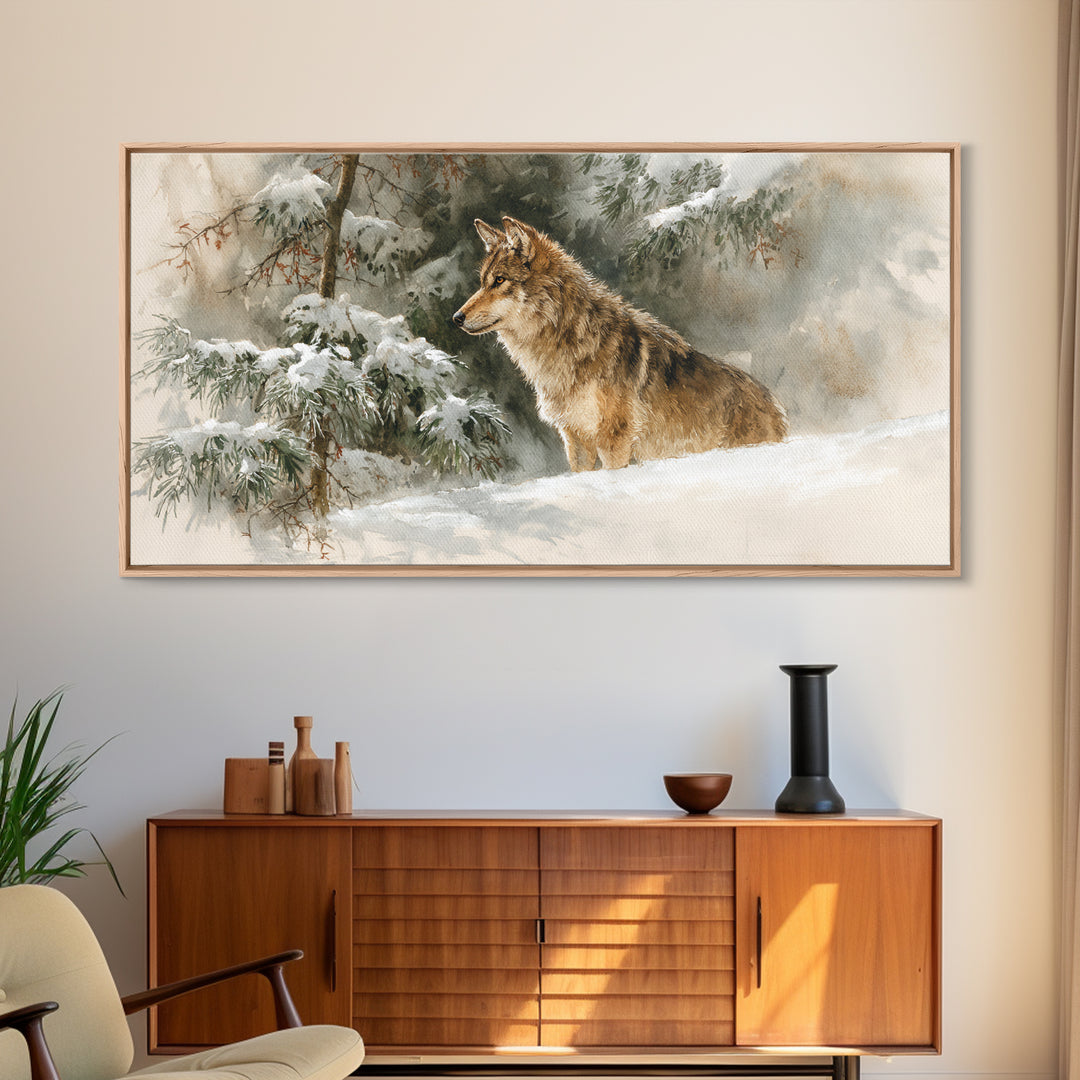 Wolf Standing Beneath Snowy Pine Trees Framed Canvas Print, Wildlife Art, Unique Home Decor, Living Room Decor, Fine Art, Wild, WIL-2x1-95