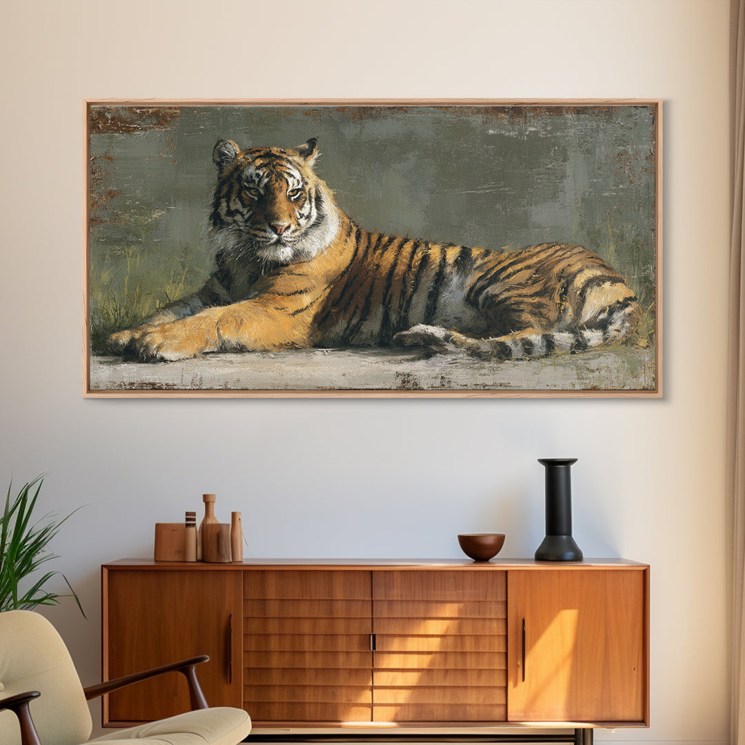 Tiger Portrait with Jungle Shadows Framed Canvas Print, Wildlife Art, Modern Wall Art, Living Room Decor, Oil Painting, Wild, WIL-2x1-97
