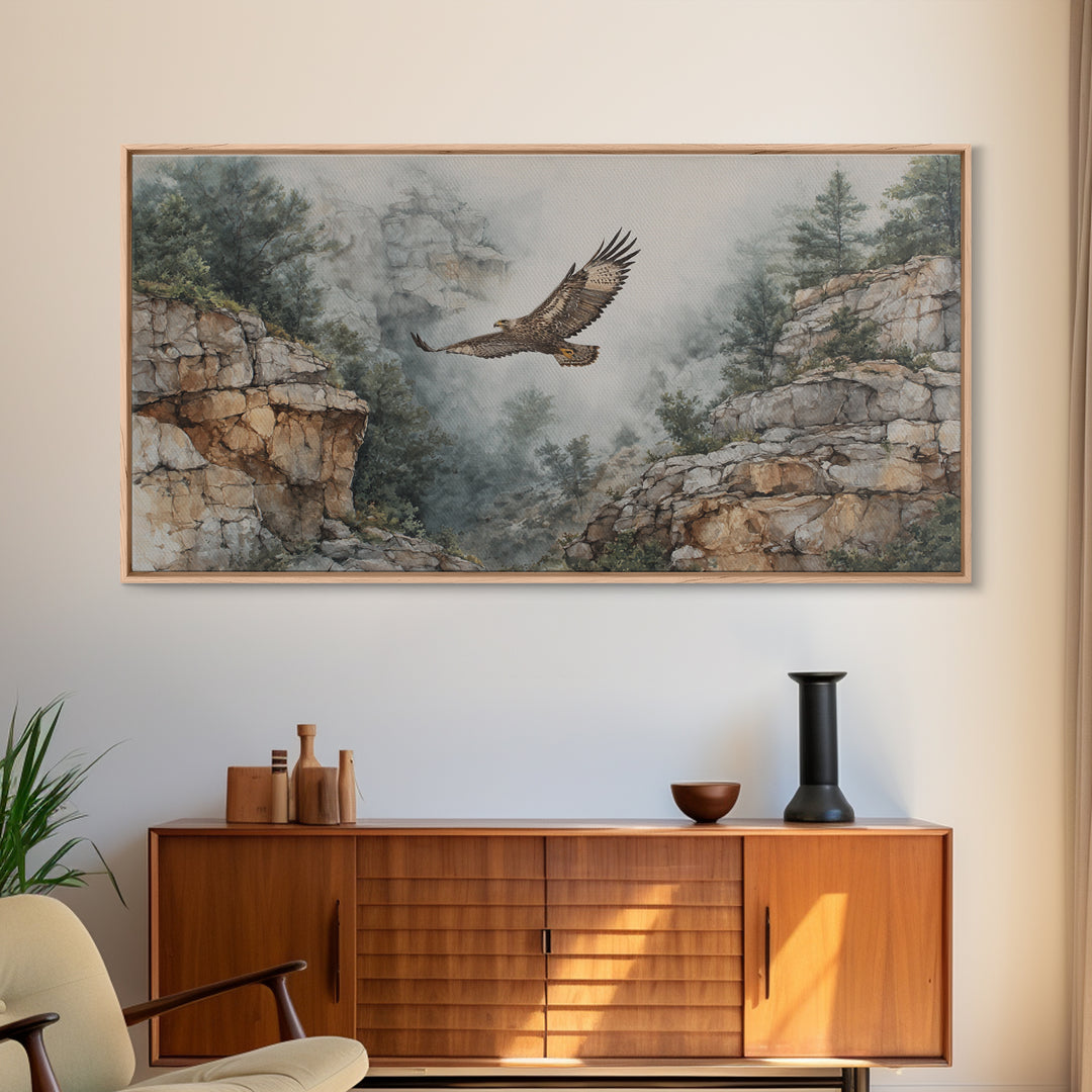 Eagle Soaring Above Rocky Cliffs Canvas Print, Wildlife Art, Living Room Decor, Watercolor Art, Wild, Living Room Wall Art, WIL-2x1-98