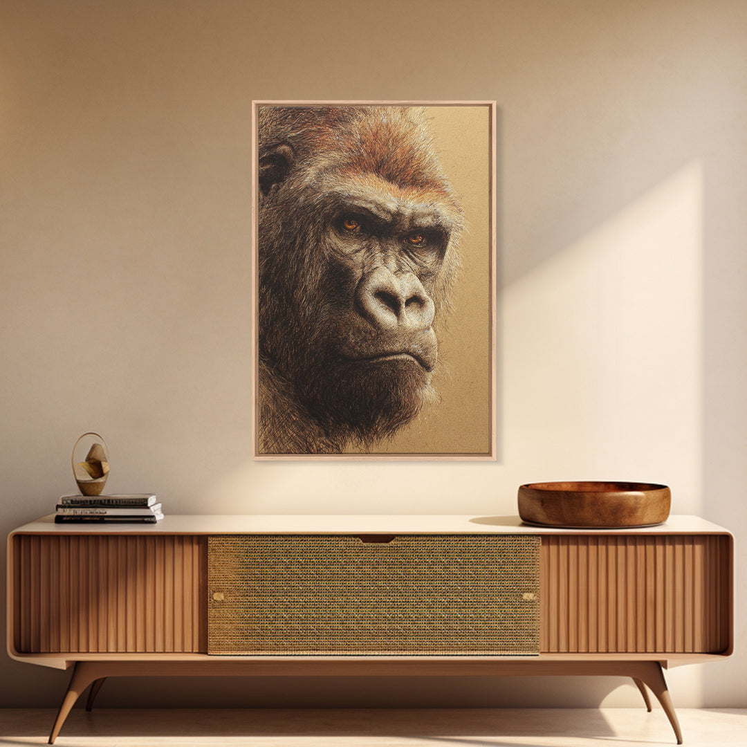 Gorilla Portrait with Powerful Gaze Framed Canvas Print, Wildlife Art, Wall Art, Living Room Decor, Wild, Modern Wall Art, WIL-2x3-1