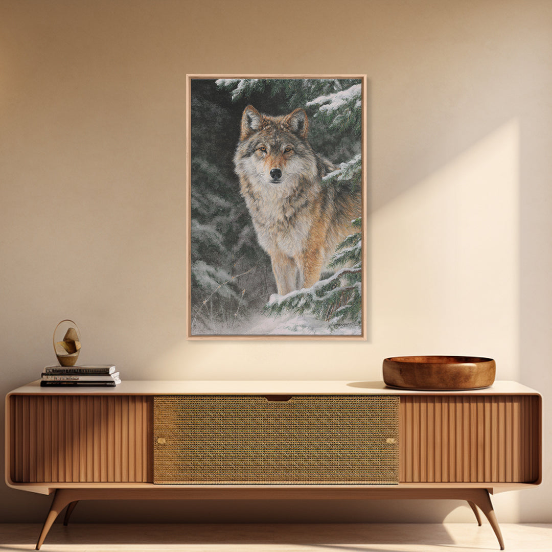 Wolf Standing Beneath Snowy Pine Trees Canvas Print, Wildlife Art, Original Artwork, Living Room Decor, Abstract Art, Wild, WIL-2x3-11