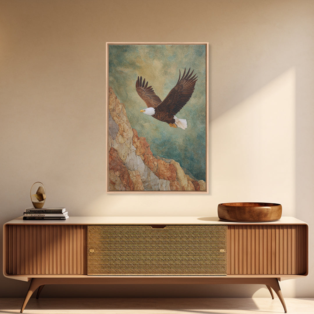 Eagle Soaring Above Rocky Cliffs Canvas Print, Wildlife Art, Art Print, Living Room Decor, Oil Painting, Wild, Digital Wall Art, WIL-2x3-14