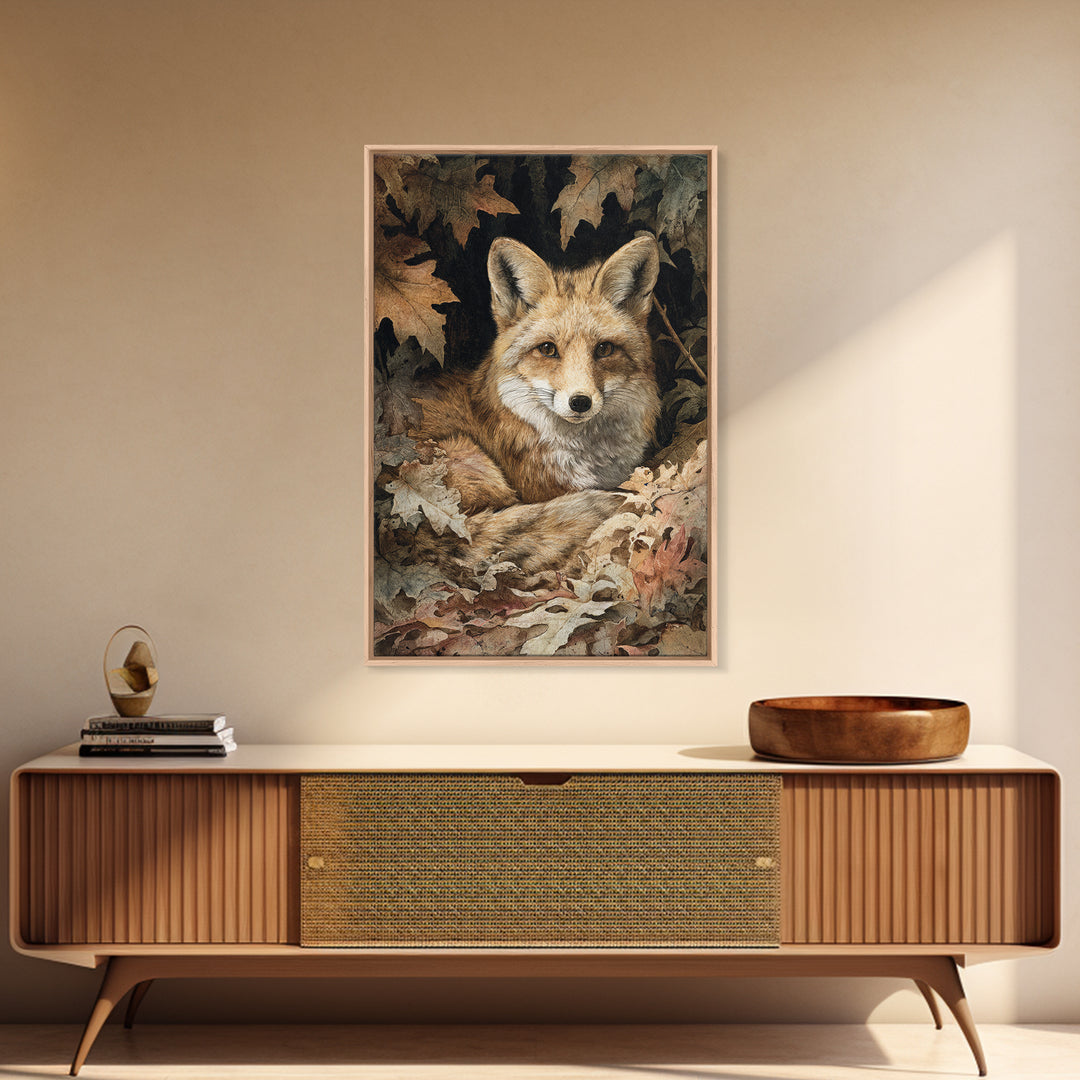 Fox in Autumn Forest Leaves Framed Canvas Print, Wildlife Art, Painting, Living Room Decor, Wild, Living Room Wall Art, WIL-2x3-17
