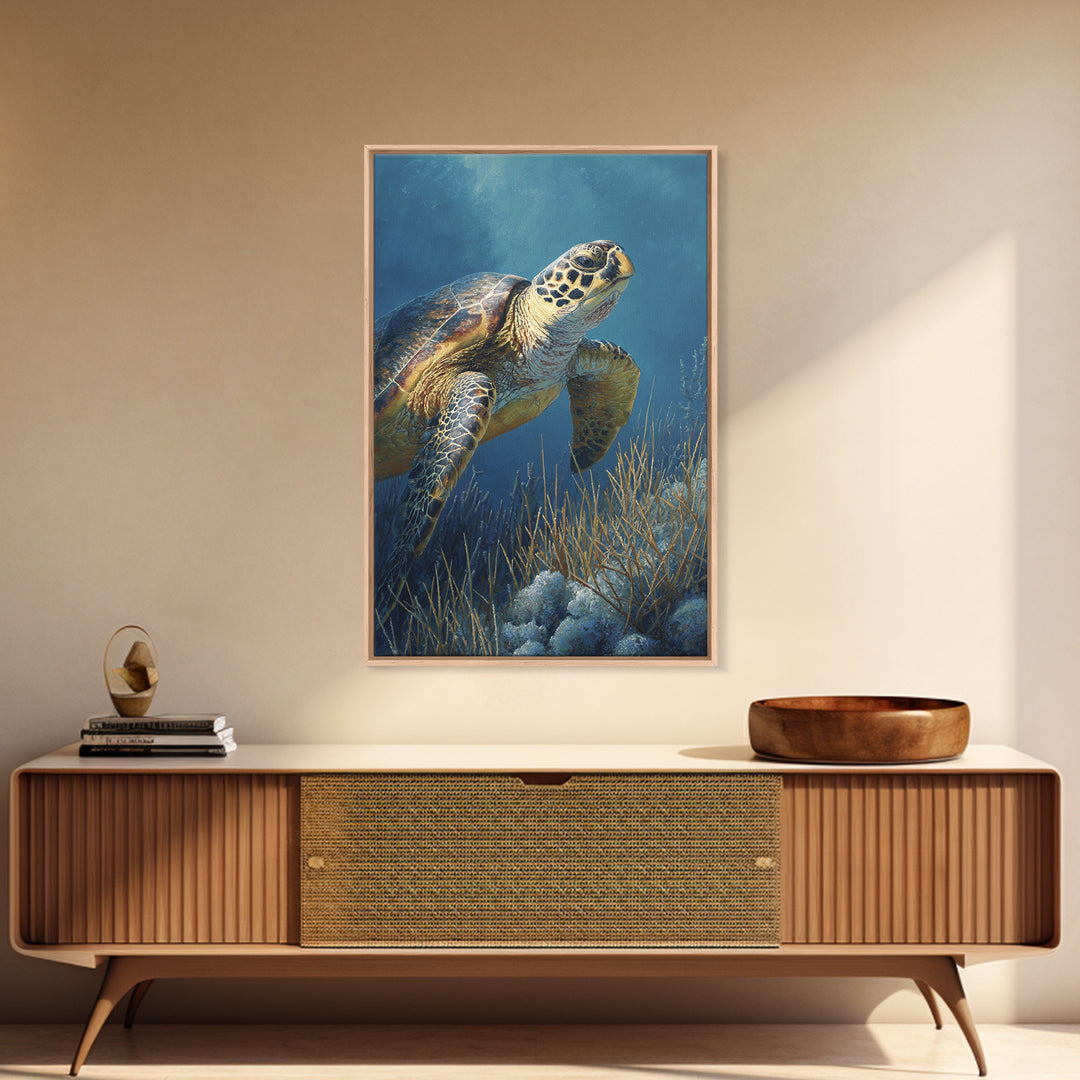 Sea Turtle over Coral Reef Framed Canvas Print, Wildlife Art, Boho Decor, Living Room Decor, Abstract Art, Wild, Painting, WIL-2x3-2