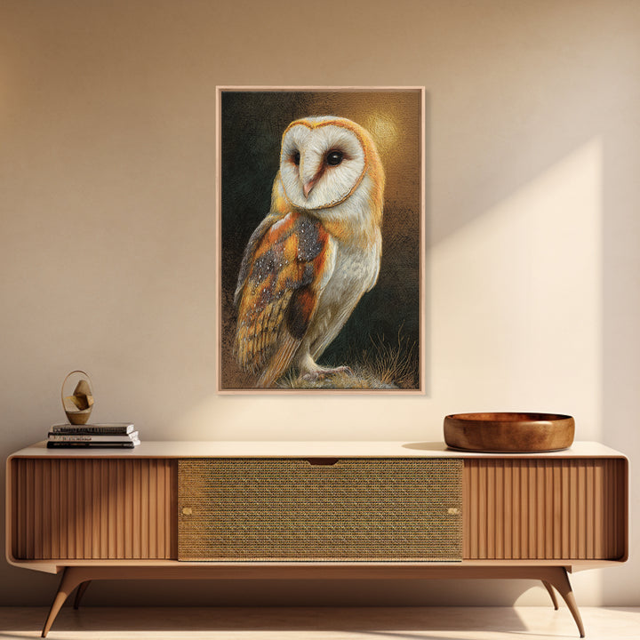 Owl Perched in Moonlit Woodland Framed Canvas Print, Wildlife Art, Oil Painting, Living Room Decor, Wild, Bedroom Wall Art, WIL-2x3-20
