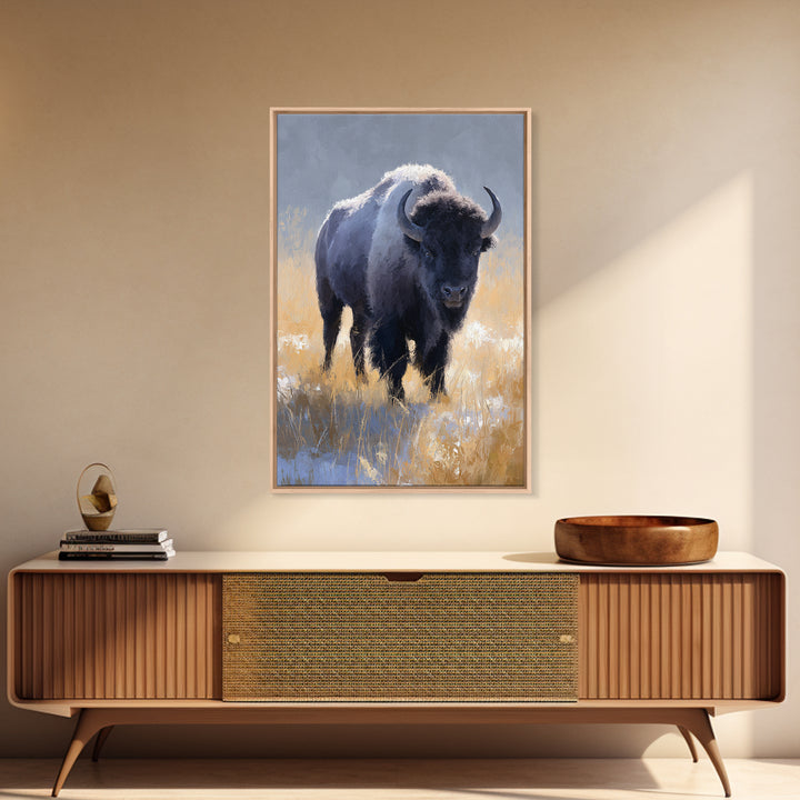 Bison on Wide Western Prairie Framed Canvas Print, Wildlife Art, Contemporary Art, Living Room Decor, Oil Painting, Wild, WIL-2x3-21