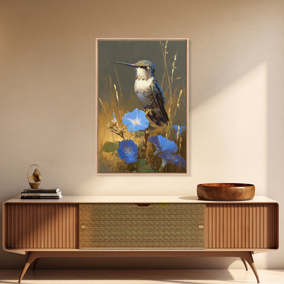 Hummingbird Beside Bright Flowers Framed Canvas Print, Wildlife Art, Canvas Painting, Living Room Decor, Watercolor Art, Wild, WIL-2x3-24