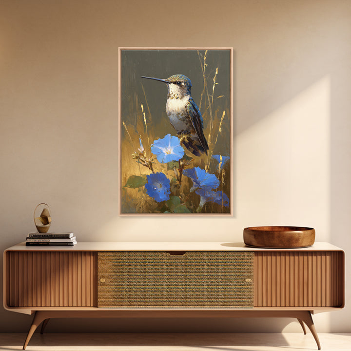 Hummingbird Beside Bright Flowers Framed Canvas Print, Wildlife Art, Canvas Painting, Living Room Decor, Watercolor Art, Wild, WIL-2x3-24