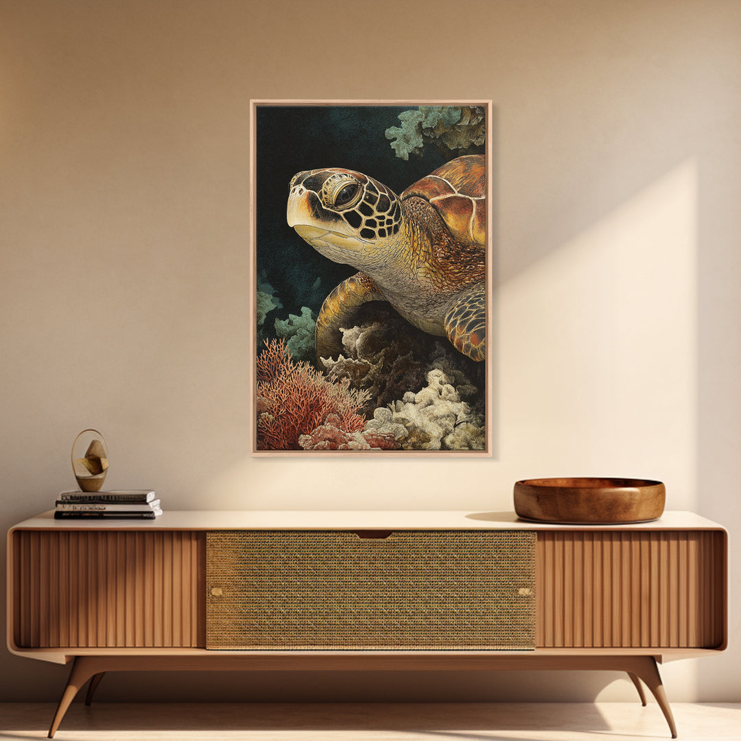 Sea Turtle over Coral Reef Framed Canvas Print, Wildlife Art, Boho Decor, Living Room Decor, Abstract Art, Wild, Painting, WIL-2x3-26