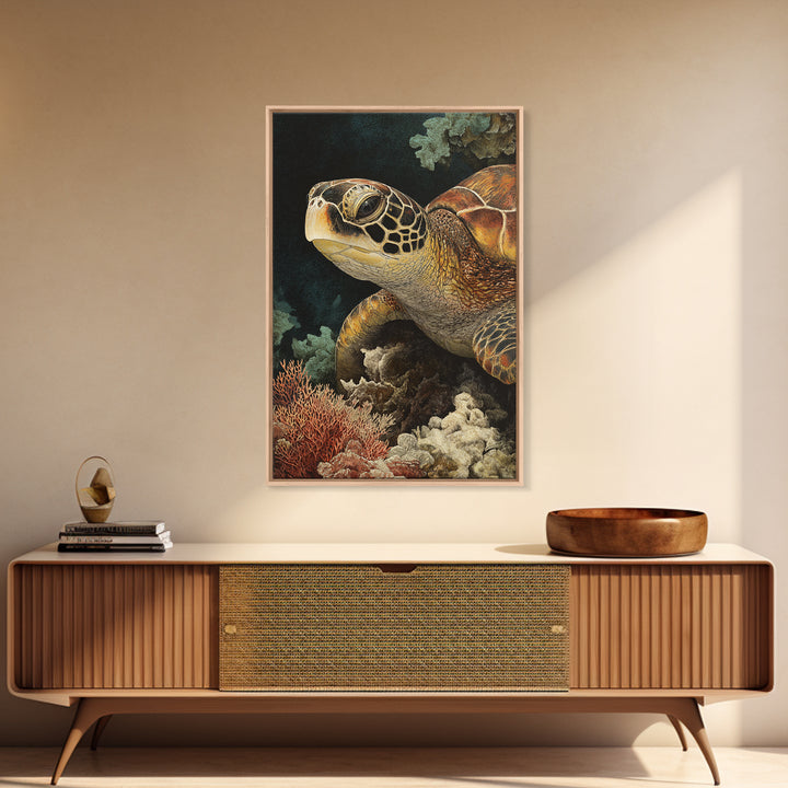 Sea Turtle over Coral Reef Framed Canvas Print, Wildlife Art, Boho Decor, Living Room Decor, Abstract Art, Wild, Painting, WIL-2x3-26