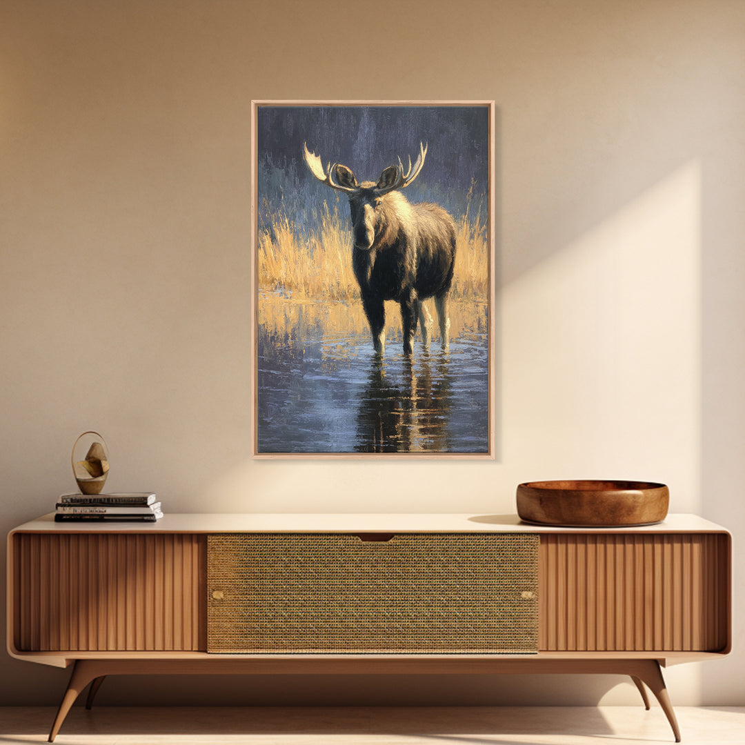 Moose Standing in Reflective Lake Canvas Print, Wildlife Art, Fine Art Print, Living Room Decor, Watercolor Art, Wild, WIL-2x3-27
