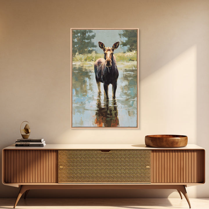 Moose Standing in Reflective Lake Framed Canvas Print, Wildlife Art, Forest Wall Art, Living Room Decor, Fine Art, Wild, WIL-2x3-3