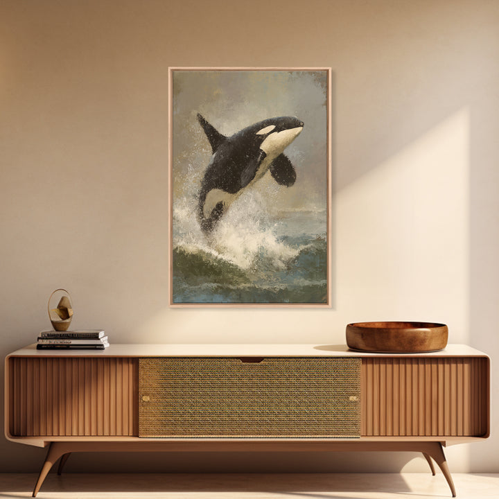 Orca Breaching in Cold Ocean Canvas Print, Wildlife Art, Statement Artwork, Living Room Decor, Fine Art, Wild, Wall Decor, WIL-2x3-31