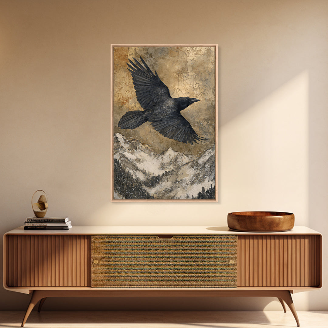 Raven Flying Through Snowy Mountains Canvas Print, Wildlife Art, Nature Wall Art, Living Room Decor, Watercolor Art, Wild, WIL-2x3-32