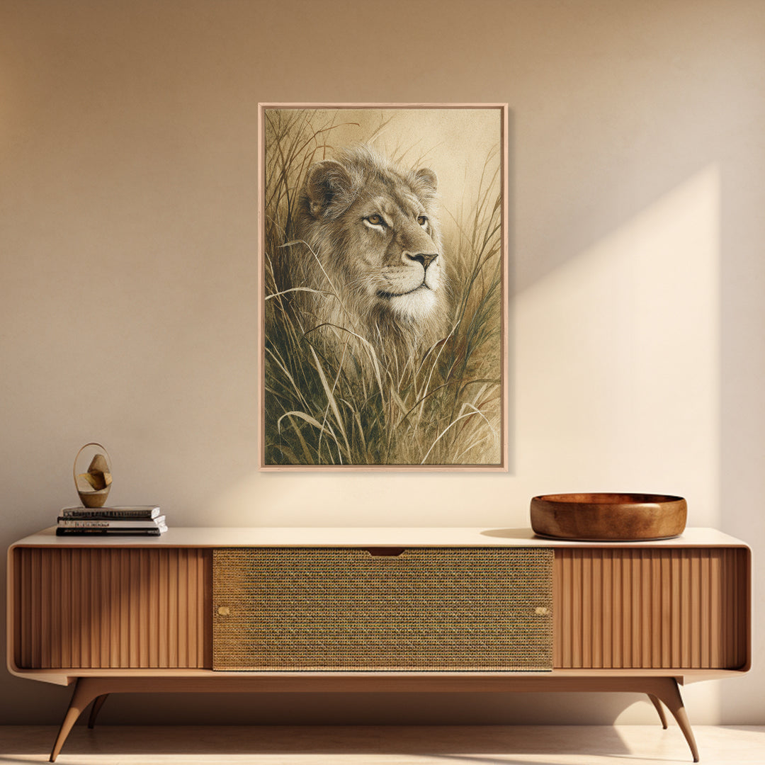 Lion Emerging from Golden Savanna Grass Framed Canvas Print, Wildlife Art, Living Room Decor, Watercolor Art, Wild, WIL-2x3-33