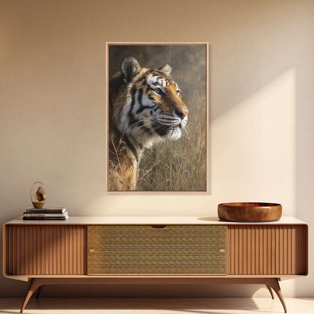 Tiger Portrait with Jungle Shadows Framed Canvas Print, Wildlife Art, Wall Decor, Living Room Decor, Fine Art, Wild, Bird Art, WIL-2x3-37