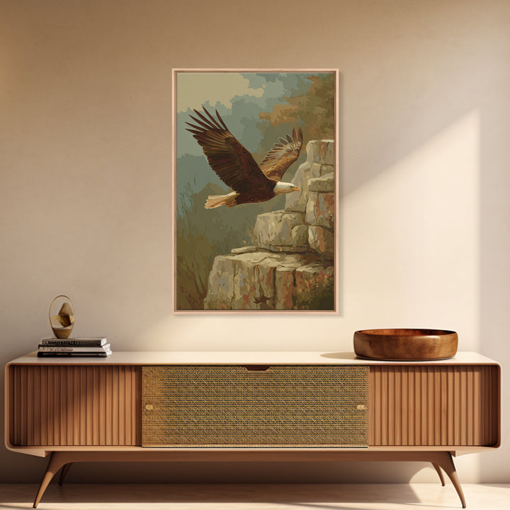 Eagle Soaring Above Rocky Cliffs Framed Canvas Print, Wildlife Art, Wall Art, Living Room Decor, Wild, Modern Wall Art, WIL-2x3-38
