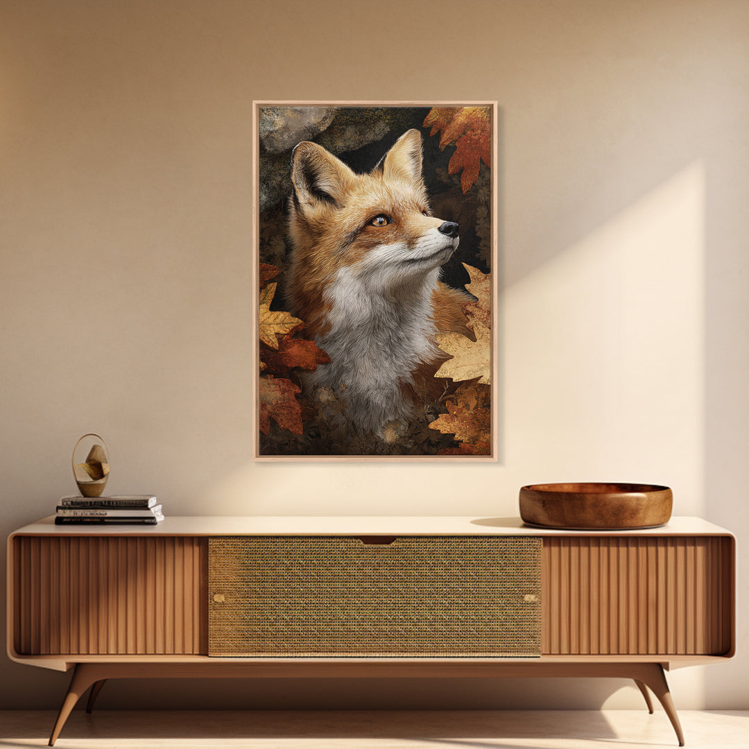 Fox in Autumn Forest Leaves Framed Canvas Print, Wildlife Art, Painting, Living Room Decor, Wild, Living Room Wall Art, WIL-2x3-41