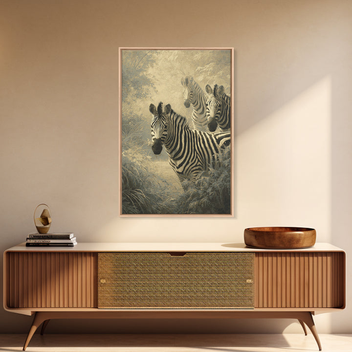 Zebra Herd in Graphic Black and White Framed Canvas Print, Wildlife Art, Contemporary Art, Living Room Decor, Fine Art, Wild, WIL-2x3-43
