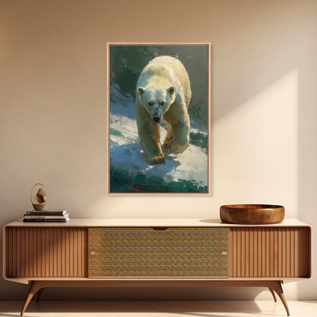 Polar Bear Crossing Blue Ice Framed Canvas Print, Wildlife Art, Wall Art, Living Room Decor, Abstract Art, Wild, WIL-2x3-47