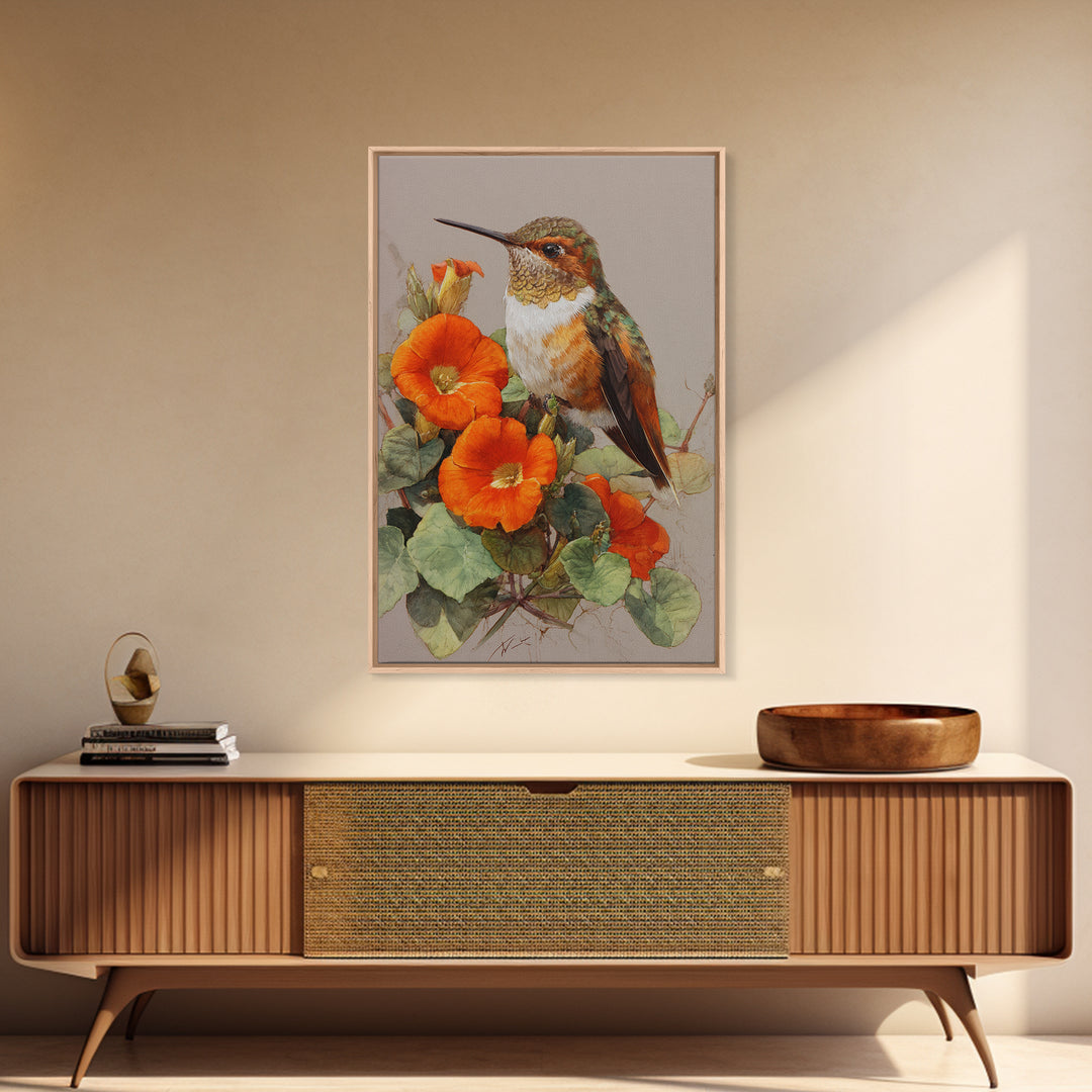 Hummingbird Beside Bright Flowers Framed Canvas Print, Wildlife Art, Boho Decor, Living Room Decor, Fine Art, Wild, Painting, WIL-2x3-48