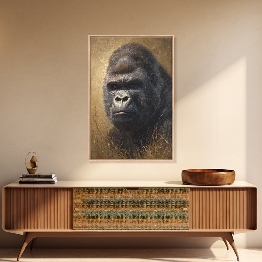 Gorilla Portrait with Powerful Gaze Canvas Print, Wildlife Art, Oil Painting, Living Room Decor, Wild, Bedroom Wall Art, WIL-2x3-49