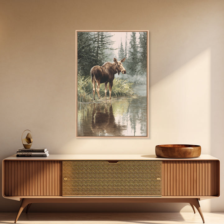 Moose Standing in Reflective Lake Framed Canvas Print, Wildlife Art, Room Decor, Living Room Decor, Fine Art, Wild, WIL-2x3-51