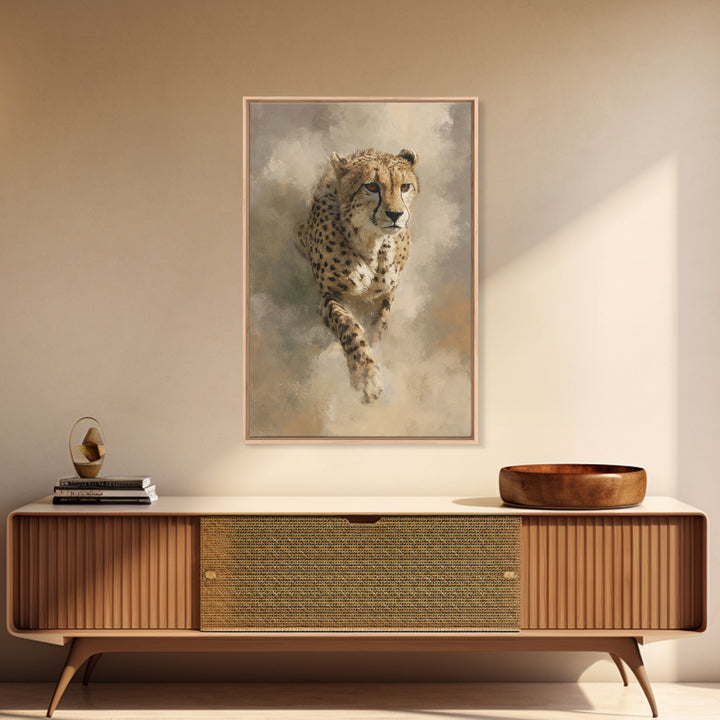 Cheetah Running Through Warm Dust Framed Canvas Print, Wildlife Art, Digital Wall Art, Living Room Decor, Oil Painting, Wild, WIL-2x3-53