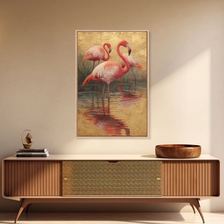 Flamingos in Pink Shallow Water Canvas Print, Wildlife Art, Minimalist Decor, Living Room Decor, Fine Art, Wild, Wall Art Print, WIL-2x3-54