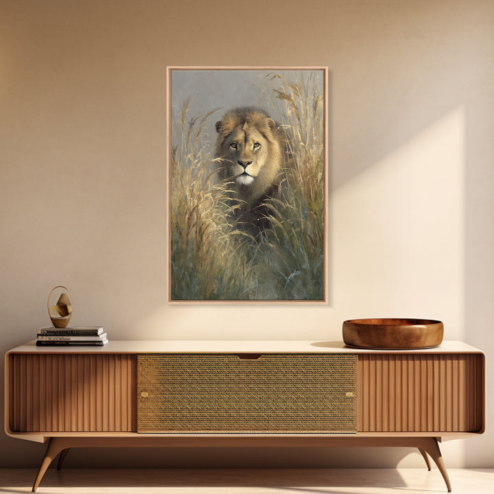 Lion Emerging from Golden Savanna Grass Canvas Print, Wildlife Art, Boho Wall Decor, Living Room Decor, Oil Painting, Wild, WIL-2x3-57