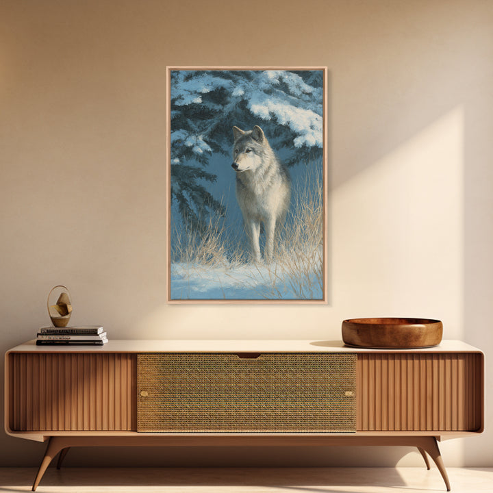 Wolf Standing Beneath Snowy Pine Trees Framed Canvas Print, Wildlife Art, Wall Decor, Living Room Decor, Oil Painting, Wild, WIL-2x3-59
