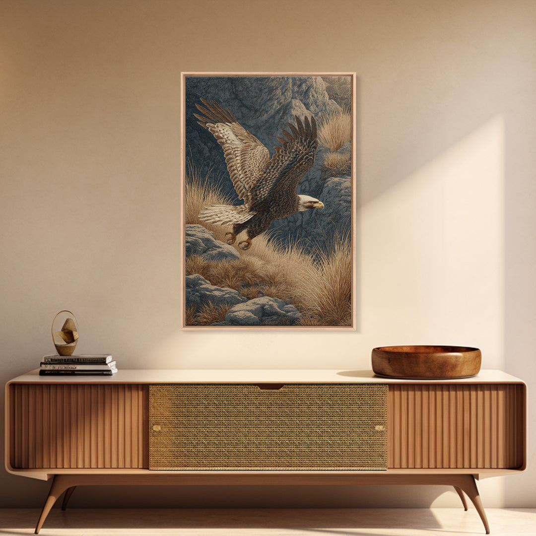 Eagle Soaring Above Rocky Cliffs Canvas Print, Wildlife Art, Oil Painting, Living Room Decor, Abstract Art, Wild, WIL-2x3-62