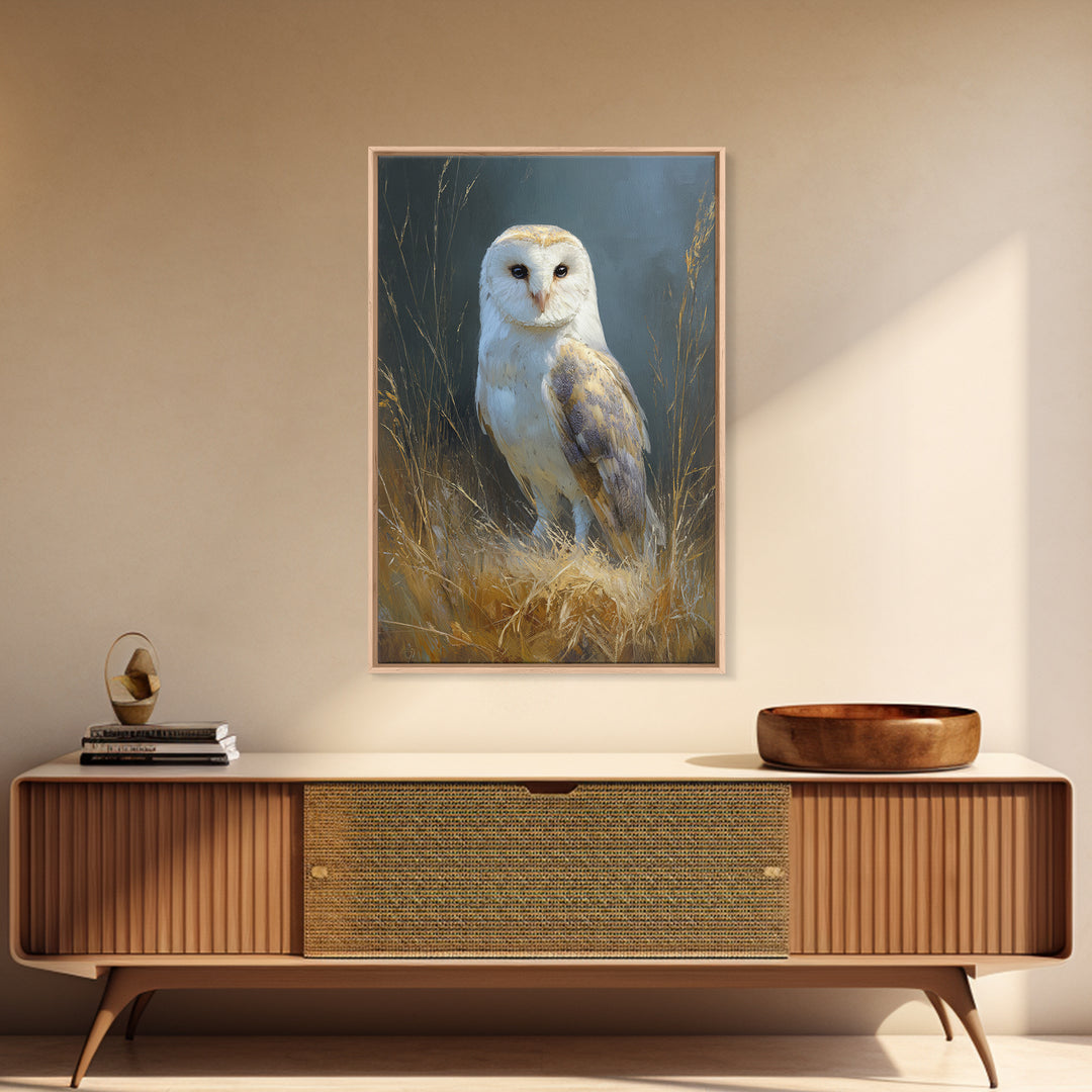 Owl Perched in Moonlit Woodland Framed Canvas Print, Wildlife Art, Large Wall Art, Living Room Decor, Fine Art, Wild, WIL-2x3-68