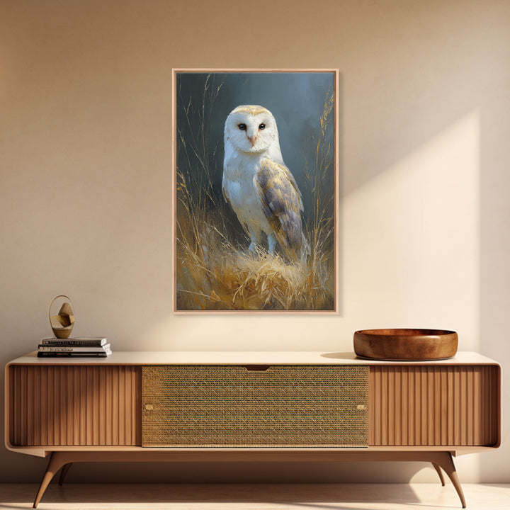 Owl Perched in Moonlit Woodland Framed Canvas Print, Wildlife Art, Large Wall Art, Living Room Decor, Fine Art, Wild, WIL-2x3-68