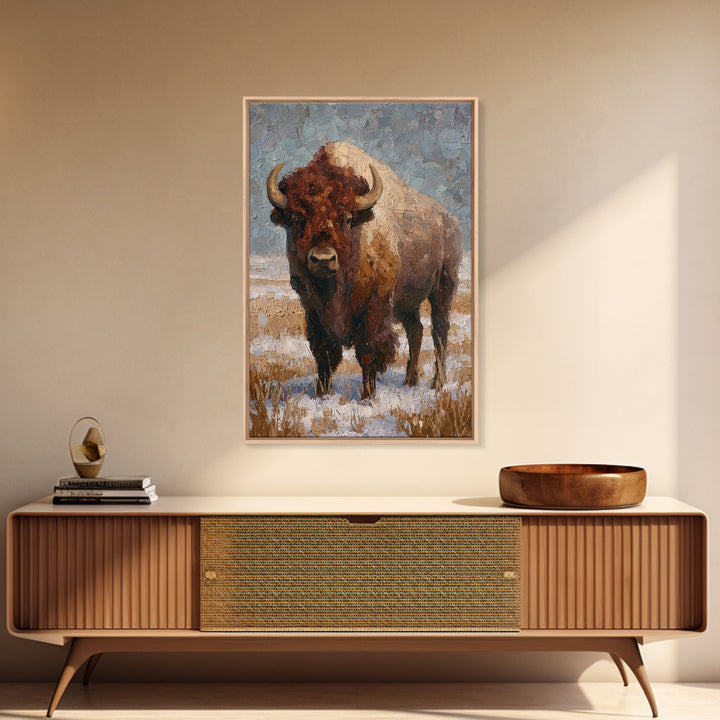 Bison on Wide Western Prairie Framed Canvas Print, Wildlife Art, Living Room Decor, Wild, Living Room Art, Canvas Painting, WIL-2x3-69