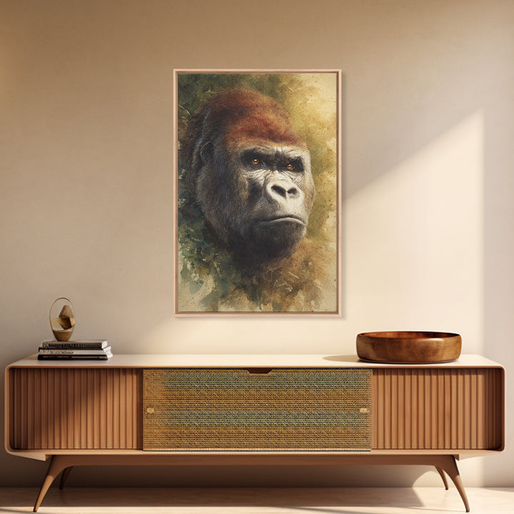 Gorilla Portrait with Powerful Gaze Framed Canvas Print, Wildlife Art, Wall Art Print, Living Room Decor, Oil Painting, Wild, WIL-2x3-73
