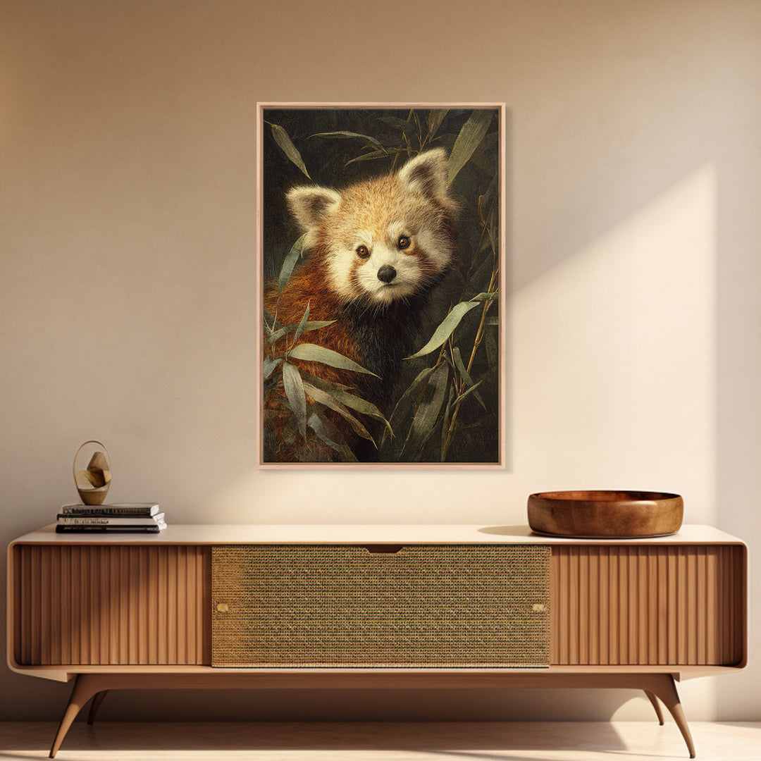 Red Panda Among Bamboo Leaves Framed Canvas Print, Wildlife Art, Canvas Print, Living Room Decor, Wild, Forest Wall Art, WIL-2x3-76