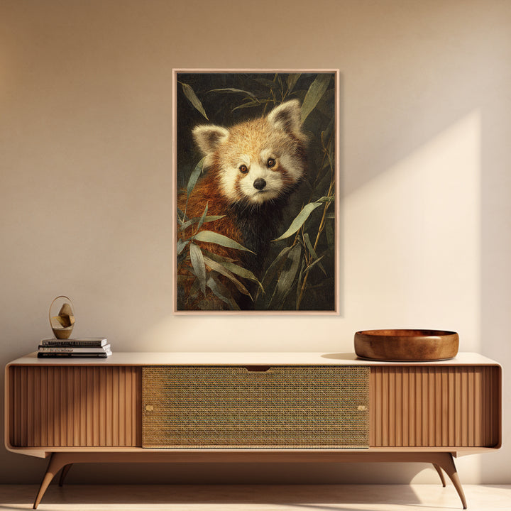 Red Panda Among Bamboo Leaves Framed Canvas Print, Wildlife Art, Canvas Print, Living Room Decor, Wild, Forest Wall Art, WIL-2x3-76