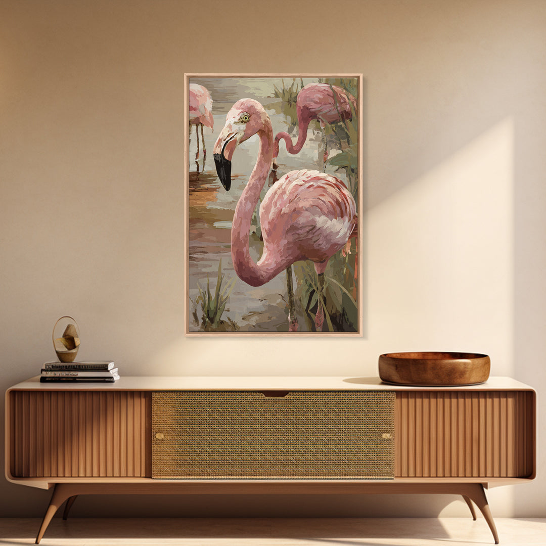 Flamingos in Pink Shallow Water Framed Canvas Print, Wildlife Art, Painting, Living Room Decor, Wild, Living Room Wall Art, WIL-2x3-78
