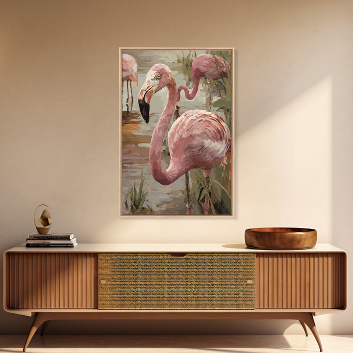 Flamingos in Pink Shallow Water Framed Canvas Print, Wildlife Art, Painting, Living Room Decor, Wild, Living Room Wall Art, WIL-2x3-78