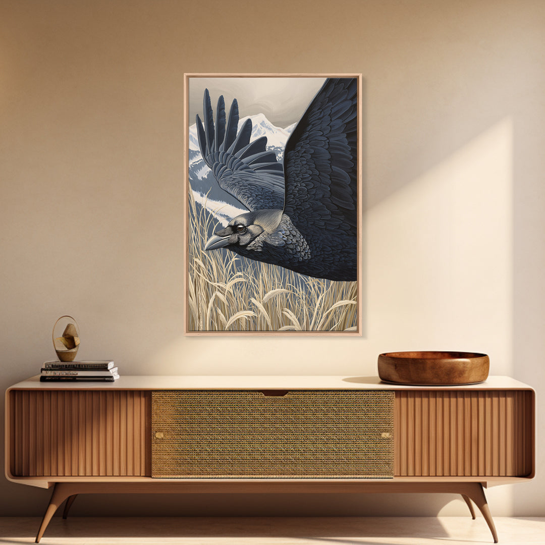 Raven Flying Through Snowy Mountains Framed Canvas Print, Wildlife Art, Landscape Art, Living Room Decor, Fine Art, Wild, WIL-2x3-8
