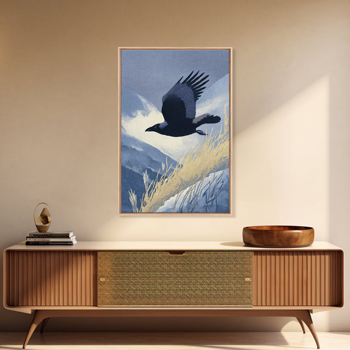 Raven Flying Through Snowy Mountains Framed Canvas Print, Wildlife Art, Contemporary Art, Living Room Decor, Fine Art, Wild, WIL-2x3-80