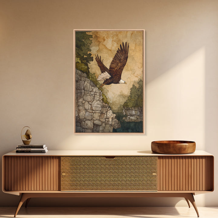 Eagle Soaring Above Rocky Cliffs Canvas Print, Wildlife Art, Oil Painting, Living Room Decor, Abstract Art, Wild, WIL-2x3-86